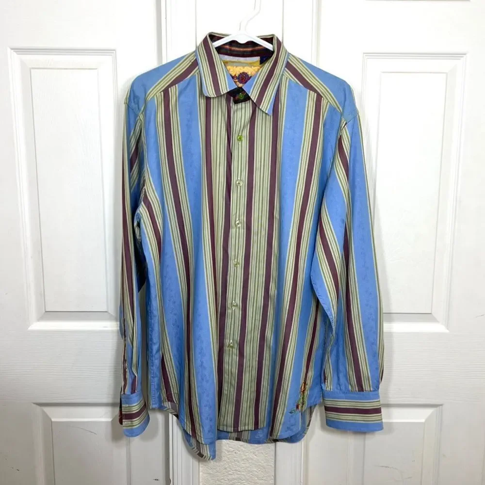 Robert Graham Button Down Shirt Flip Cuff Blue Green Striped Retro Size L